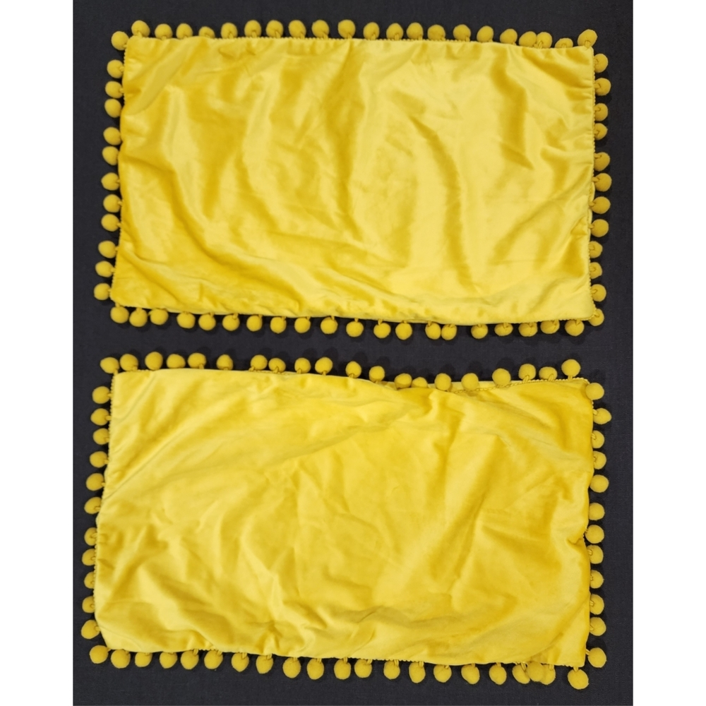 Mustard Yellow Velvet Pillow Covers, Dezene, Pom Poms, Velvet, Boho, Farmhouse